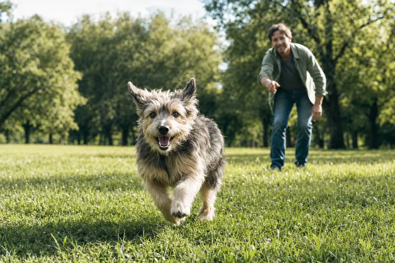 Ein vitaler Katalanischer Schäferhund läuft fröhlich über eine grüne Wiese im Park, während sein Besitzer im Hintergrund mit ihm spielt.
