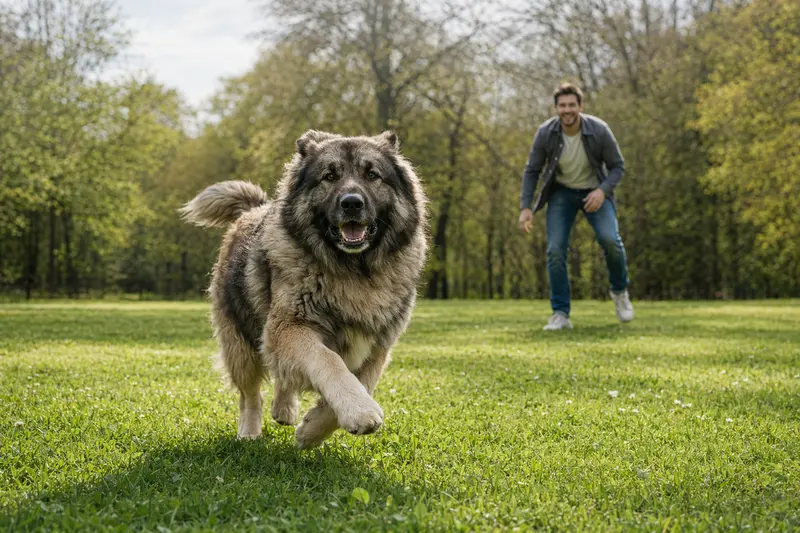 Ein Kaukasischer Schäferhund läuft fröhlich über eine grüne Wiese während sein Besitzer im Hintergrund mit ihm spielt.