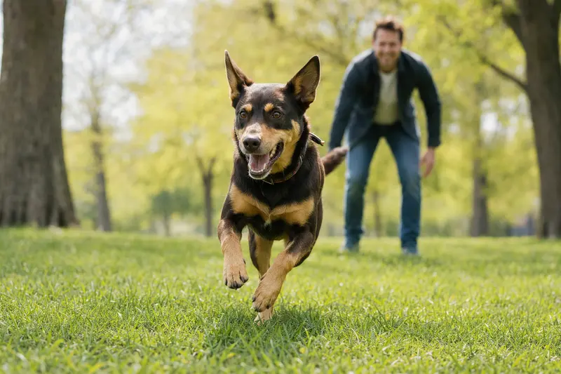 Vitaler Kelpie Hund läuft fröhlich über eine grüne Wiese im Park.