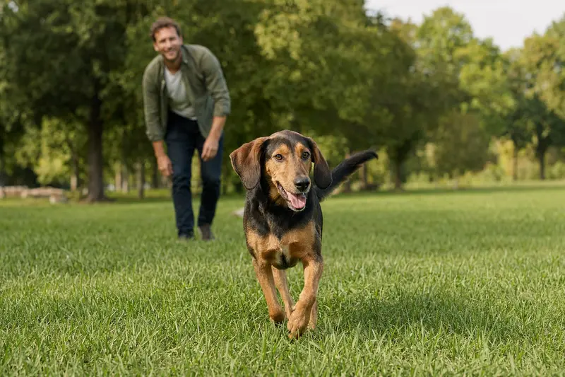 Ein vitaler Keltische Bracke Hund läuft fröhlich über eine grüne Wiese im Park, während sein Besitzer im Hintergrund mit ihm spielt.
