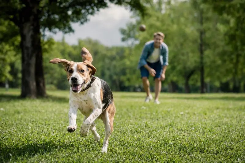 Fröhlicher Kerry Beagle läuft über eine grüne Wiese, während sein Besitzer im Hintergrund mit ihm spielt.