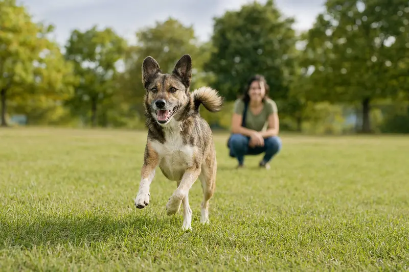 Ein fröhlicher Kintamani Hund läuft aktiv über eine grüne Wiese, während sein Besitzer im Hintergrund mit ihm spielt.