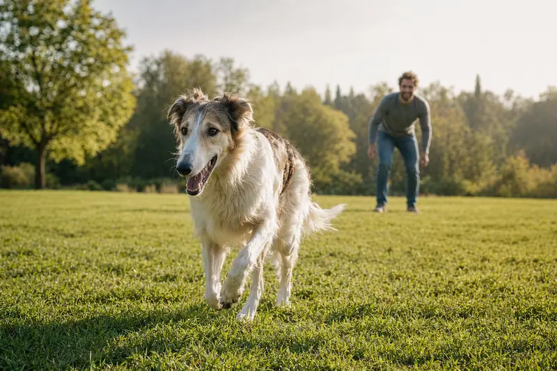 Ein fröhlicher Kirghiz Barzoi Hund läuft voller Energie über eine grüne Wiese im Park, während sein Besitzer im Hintergrund spielt.
