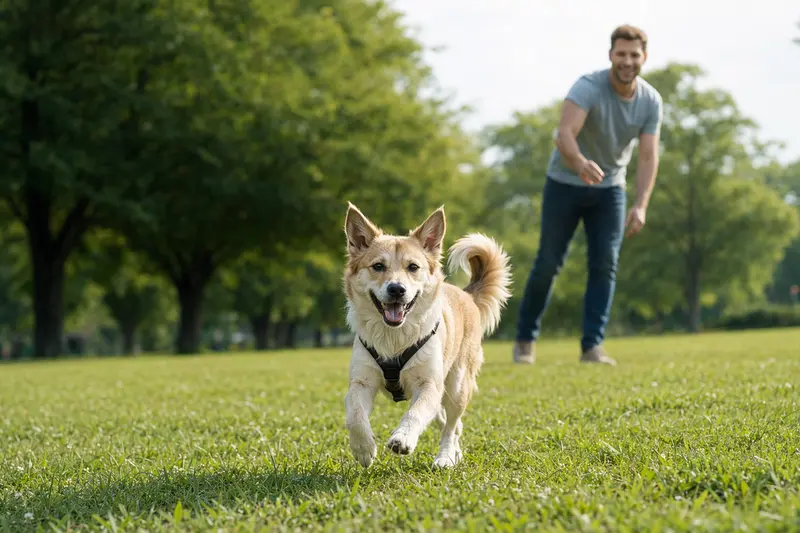 Ein vitaler Kishu Hund läuft fröhlich über eine grüne Wiese, während sein Besitzer im Hintergrund mit ihm spielt.