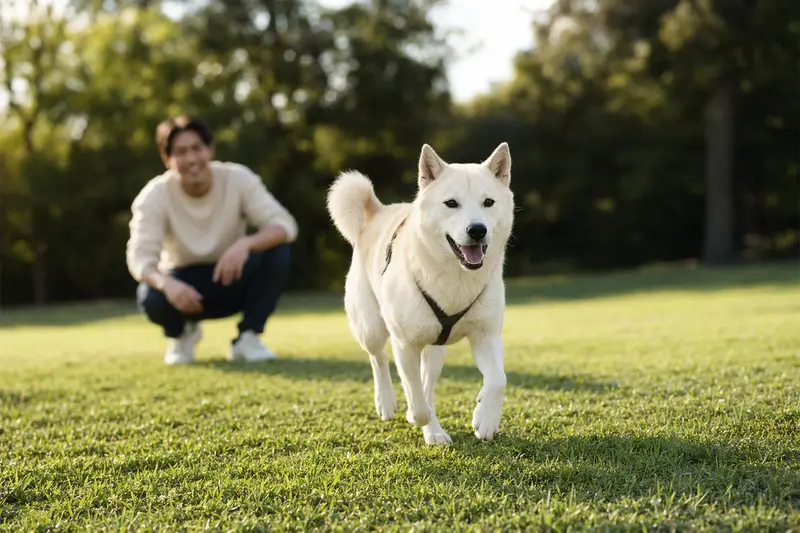 Ein vitaler Kishu-Ken Hund läuft fröhlich über eine grüne Wiese, während sein Besitzer spielerisch im Hintergrund agiert.