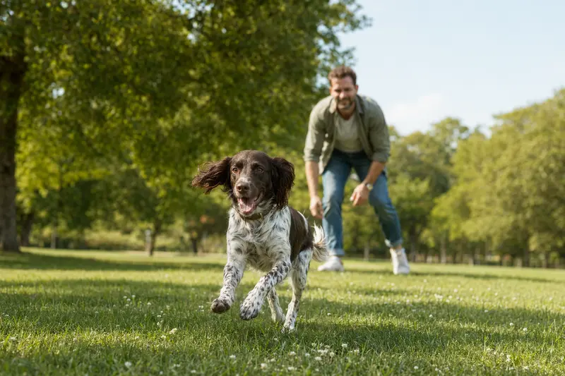 Ein fröhlicher Kleiner Münsterländer läuft über eine grüne Wiese, während sein Besitzer im Hintergrund mit ihm spielt.