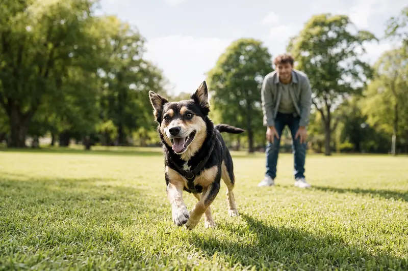 Ein fröhlicher Kochi-ken Hund läuft auf einer grünen Wiese, während sein Besitzer im Hintergrund mit ihm spielt, was die Freude an einem aktiven Leben widerspiegelt.