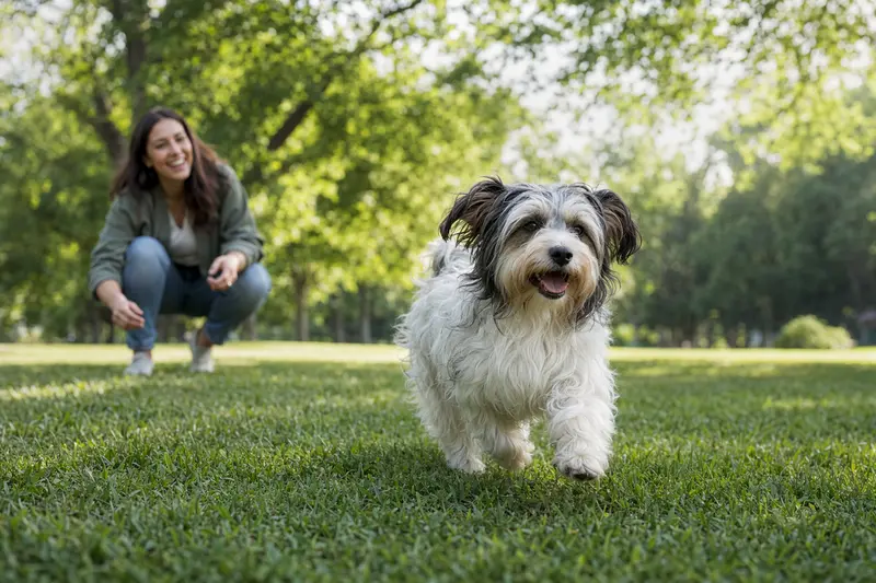 Ein fröhlicher Kokoni Hund läuft über eine grüne Wiese, während sein Besitzer im Hintergrund spielt.