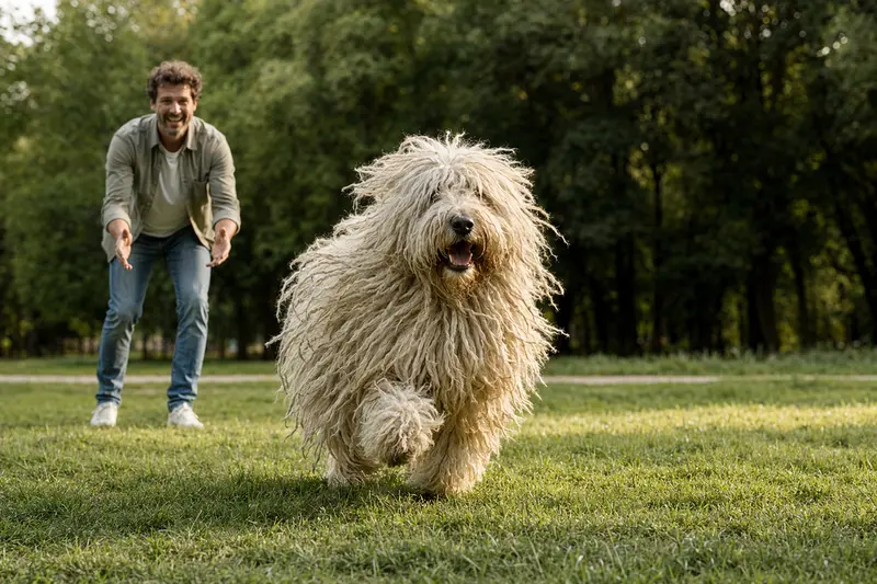 Ein fröhlicher Komondor Hund läuft über eine grüne Wiese, während sein Besitzer im Hintergrund mit ihm spielt.