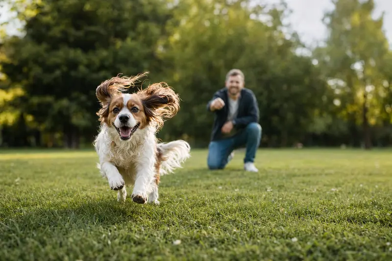 Ein fröhlicher Kontinentaler Zwergspaniel rennt über eine grüne Wiese, während sein Besitzer im Hintergrund mit ihm spielt.