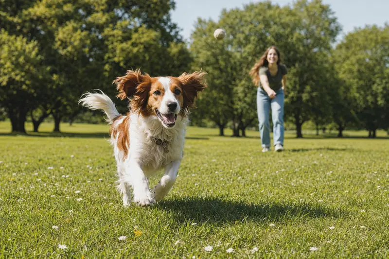 Ein fröhlicher Kooikerhondje läuft über eine grüne Wiese, während sein Besitzer im Hintergrund mit ihm spielt.