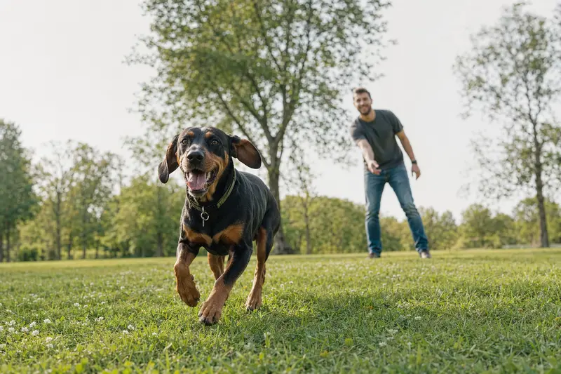 Ein lebhafter Kopov Bracke Hund läuft fröhlich über eine grüne Wiese, während sein Besitzer mit ihm spielt.