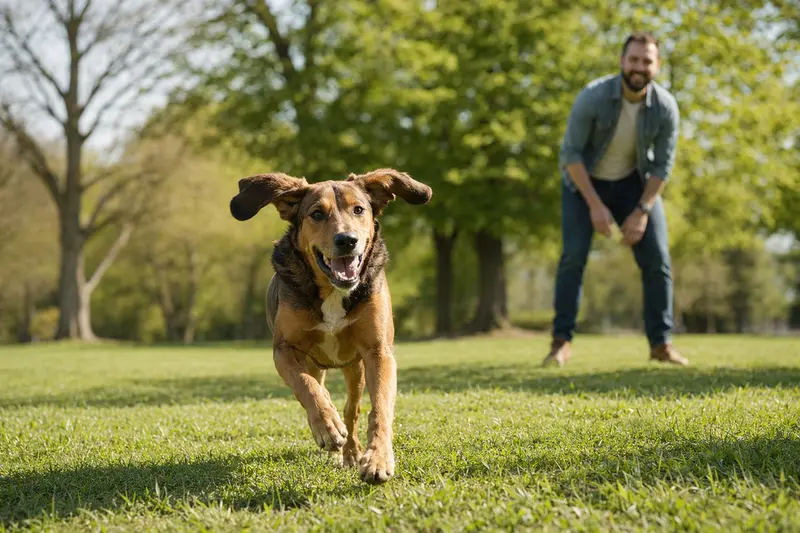 Ein vitaler Kretischer Spürhund läuft fröhlich über eine grüne Wiese, während sein Besitzer im Hintergrund spielt.