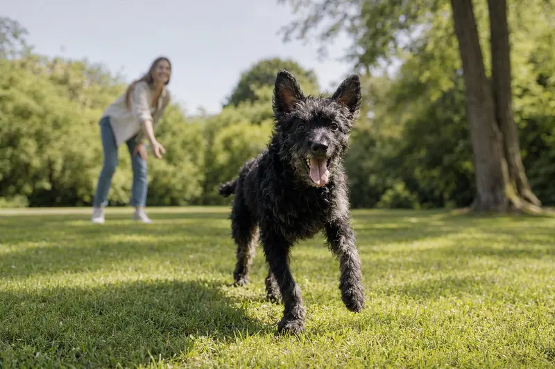 Ein vitaler Kroatischer Schäferhund spielt fröhlich auf einer grünen Wiese, während sein Besitzer im Hintergrund mit ihm interagiert und eine positive, gesunde Aktivität darstellt.