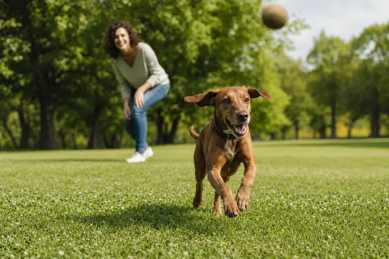 Ein fröhlicher Kurzhaariger Istrianer Bracke Hund läuft über eine grüne Wiese, während sein Besitzer im Hintergrund mit ihm spielt.