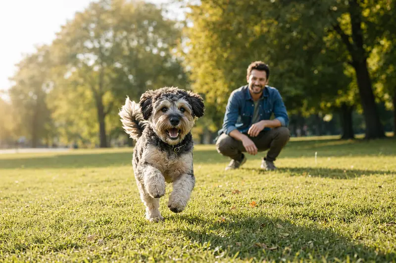 Ein Labradoodle Hund läuft fröhlich über eine grüne Wiese, während sein Besitzer im Hintergrund mit ihm spielt.