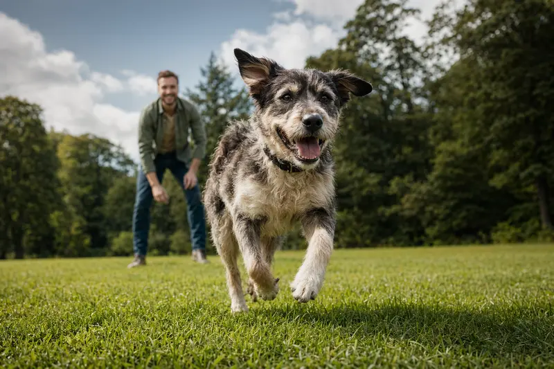 Ein vitaler Lacy Dog läuft fröhlich über eine grüne Wiese im Park, während sein Besitzer im Hintergrund mit ihm spielt.
