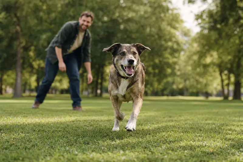 Ein vitaler Lacy Hog Dog läuft fröhlich über eine grüne Wiese im Park, während sein Besitzer im Hintergrund mit ihm spielt.