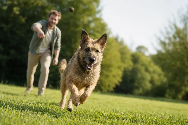 Ein Laekenois Hund springt fröhlich über eine grüne Wiese, während sein Besitzer im Hintergrund spielt.