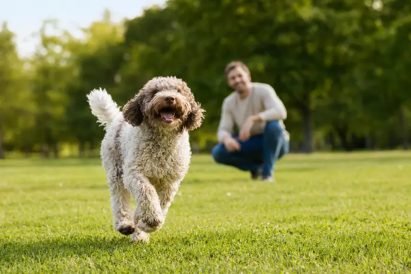 Ein lebhafter Lagotto Romagnolo läuft fröhlich über eine grüne Wiese, während sein Besitzer im Hintergrund mit ihm spielt.