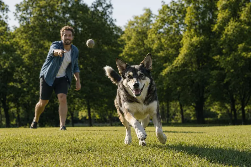 Ein vitaler Laika Hund läuft fröhlich über eine grüne Wiese, während sein Besitzer im Hintergrund mit ihm spielt.