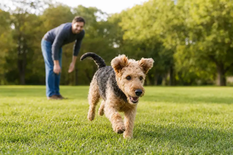 Ein vitaler Lakeland-Terrier rennt fröhlich über eine grüne Wiese, während sein Besitzer im Hintergrund spielt.