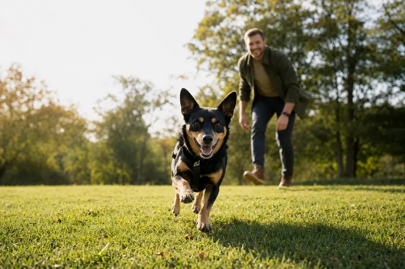 Ein Lancashire Heeler Hund läuft fröhlich über eine grüne Wiese, während sein Besitzer im Hintergrund mit ihm spielt.