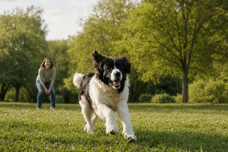 Ein fröhlicher Landseer Hund läuft über eine grüne Wiese, während sein Besitzer im Hintergrund mit ihm spielt.