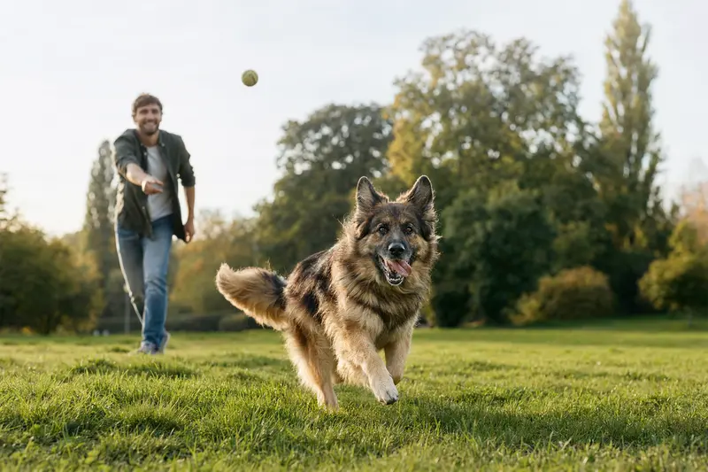 Ein vitaler Langhaar Schäferhund läuft fröhlich über eine grüne Wiese, während sein Besitzer im Hintergrund mit ihm spielt.