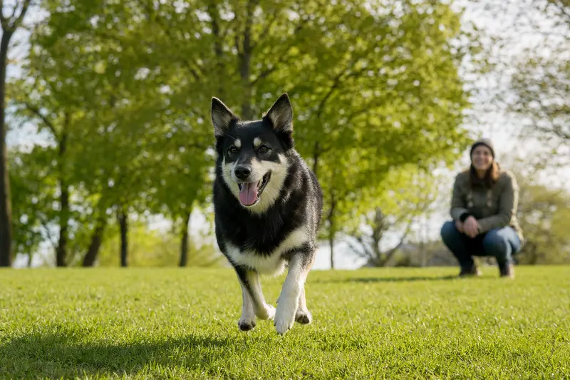 Ein vitaler Lappländischer Rentierhund läuft fröhlich über eine grüne Wiese im Park, während sein Besitzer im Hintergrund mit ihm spielt.