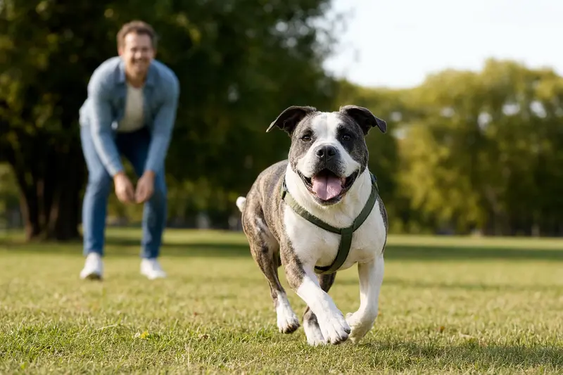 Ein Leavitt Bulldog spielt glücklich mit seinem Besitzer auf einer grünen Wiese an einem sonnigen Tag.