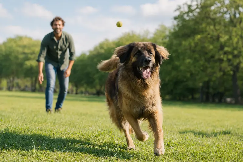 Ein fröhlicher Leonberger Hund läuft über eine grüne Wiese im Park, während sein Besitzer im Hintergrund mit ihm spielt.