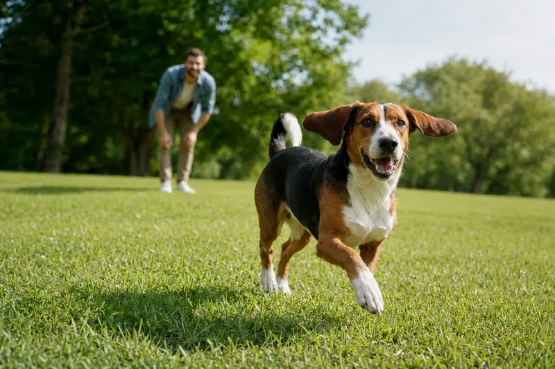 Ein vitaler Lettische Bracke Hund läuft fröhlich über eine grüne Wiese im Park, während sein Besitzer mit ihm spielt.