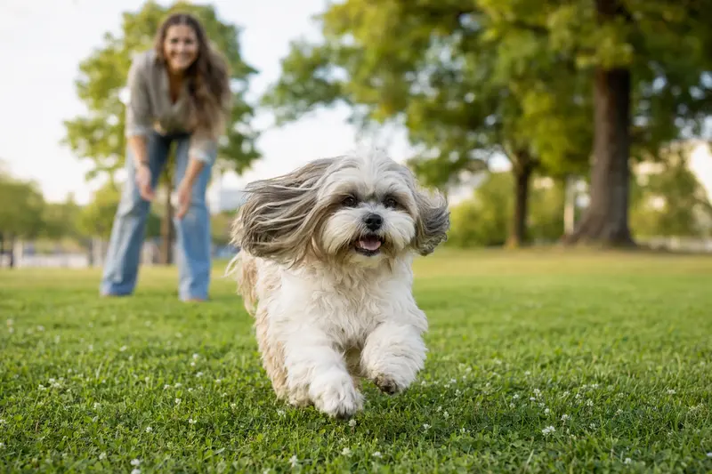 Ein fröhlicher Lhasa Apso Hund läuft über eine grüne Wiese, während sein Besitzer im Hintergrund mit ihm spielt.