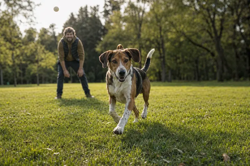 Ein lebendiger Litauische Bracke Hund springt fröhlich über eine grüne Wiese, während sein Besitzer im Hintergrund spielt.