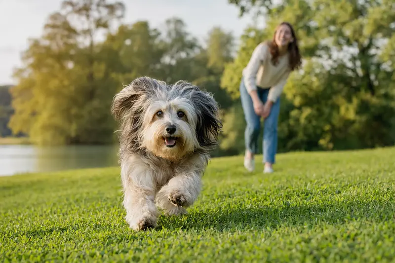 Ein Löwchen Hund läuft fröhlich über eine grüne Wiese, während der Besitzer im Hintergrund mit ihm spielt.
