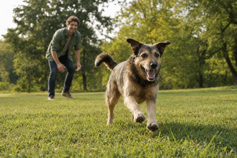 Ein fröhlicher Löwenhund läuft über eine grüne Wiese, während sein Besitzer im Hintergrund mit ihm spielt.