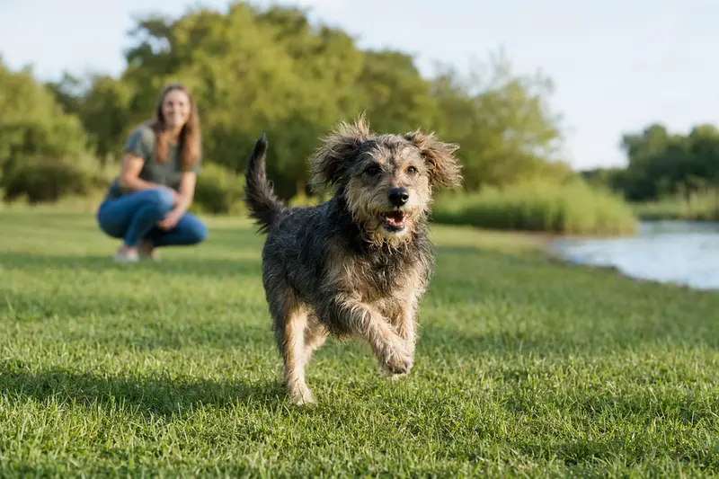 Ein gesunder Longdog Hund läuft fröhlich über eine grüne Wiese, während sein Besitzer im Hintergrund spielt.