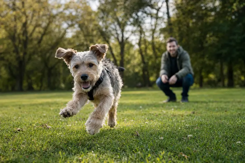 Ein fitter Lucas Terrier läuft fröhlich über eine grüne Wiese im Park, während sein Besitzer im Hintergrund mit ihm spielt.