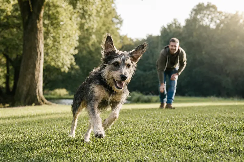 Ein fröhlicher Lupo Italiano Hund läuft über eine grüne Wiese, während sein Besitzer im Hintergrund spielt.