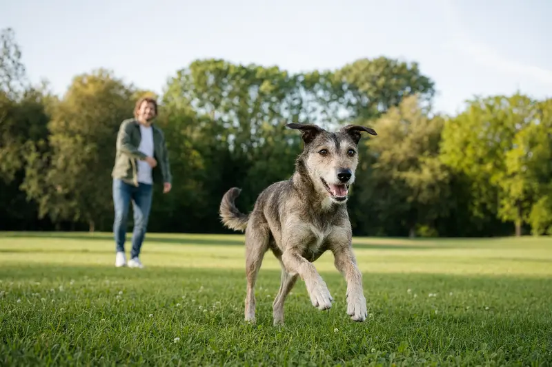 Ein Lurcher Hund läuft fröhlich über eine grüne Wiese, während sein Besitzer im Hintergrund mit ihm spielt.