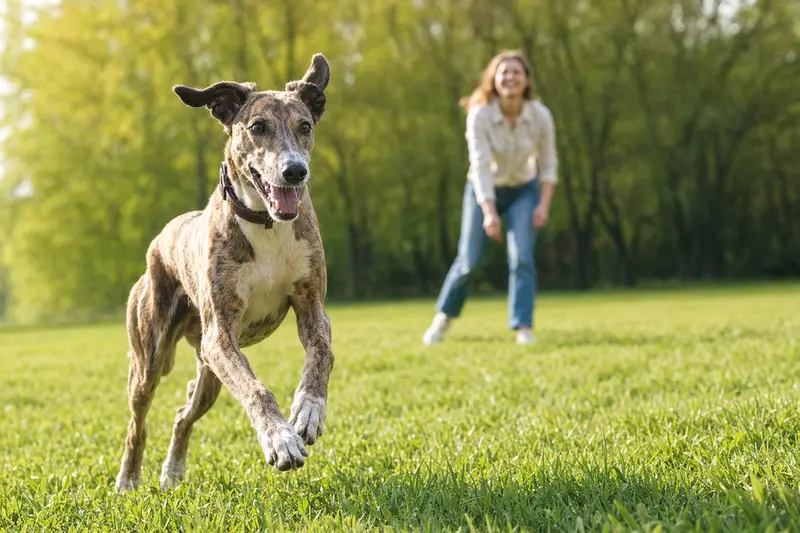 Ein vitaler Magyar Agar Hund läuft glücklich über eine grüne Wiese, während sein Besitzer im Hintergrund spielt, was eine positive und gesunde Lebensweise symbolisiert.