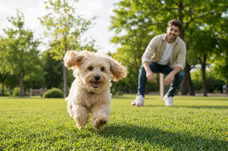 Ein fröhlicher Maltipoo Hund läuft über eine grüne Wiese, während sein Besitzer im Hintergrund mit ihm spielt.