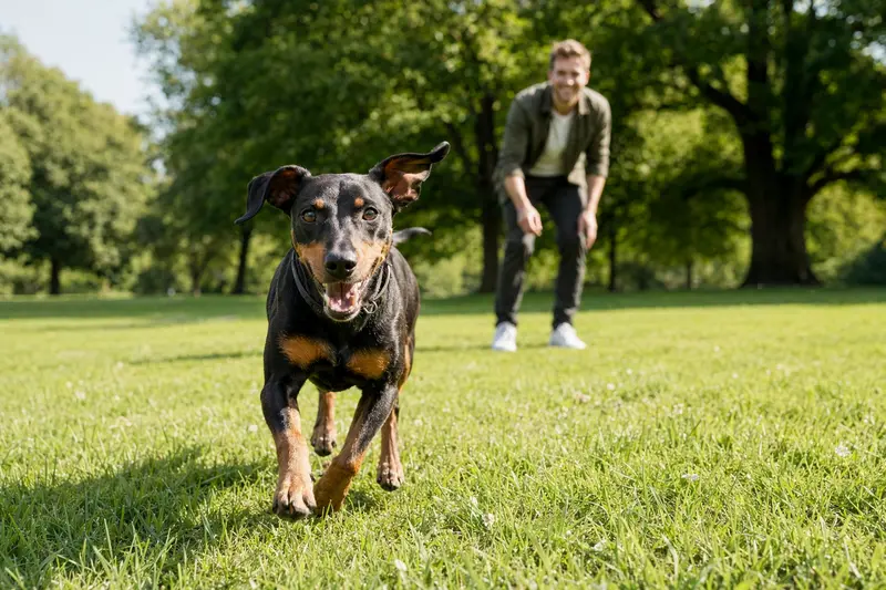 Ein lebhafter Manchester Terrier läuft fröhlich über eine grüne Wiese, während sein Besitzer im Hintergrund mit ihm spielt.