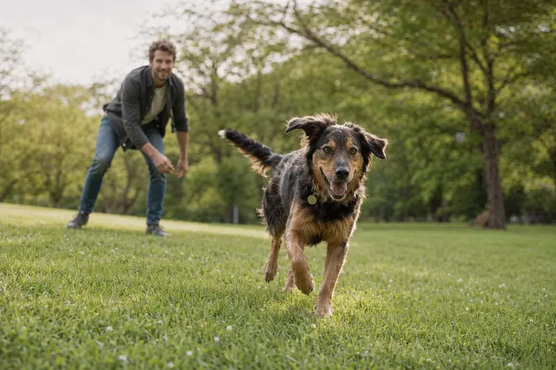 Ein vitaler Maneto Hund sprintet fröhlich über eine grüne Wiese, während sein Besitzer im Hintergrund spielt.