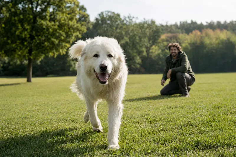 Ein fröhlicher Maremmaner Hirtenhund läuft über eine grüne Wiese, während sein Besitzer im Hintergrund mit ihm spielt.