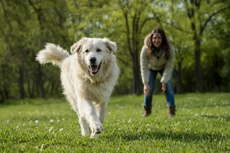 Ein fröhlicher Maremmen-Abruzze Hund läuft über eine grüne Wiese, während sein Besitzer im Hintergrund spielt.