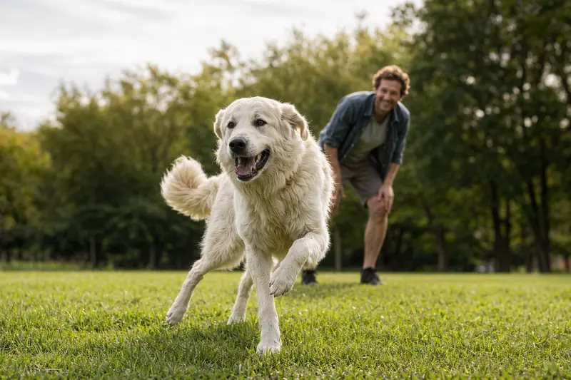 Ein vitaler Maremmen-Abruzzen-Schäferhund läuft fröhlich über eine grüne Wiese, während sein Besitzer im Hintergrund spielt.