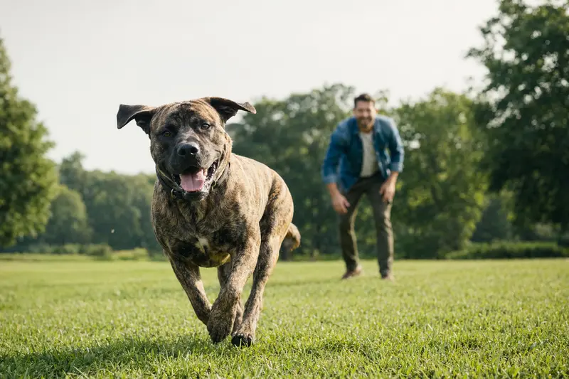 Ein vitaler Mastiff Hund läuft fröhlich über eine grüne Wiese, während sein Besitzer im Hintergrund mit ihm spielt.