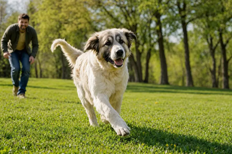 Ein fröhlicher Mastin del Pirineo Hund läuft lebhaft über eine grüne Wiese, während sein Besitzer im Hintergrund mit ihm spielt.